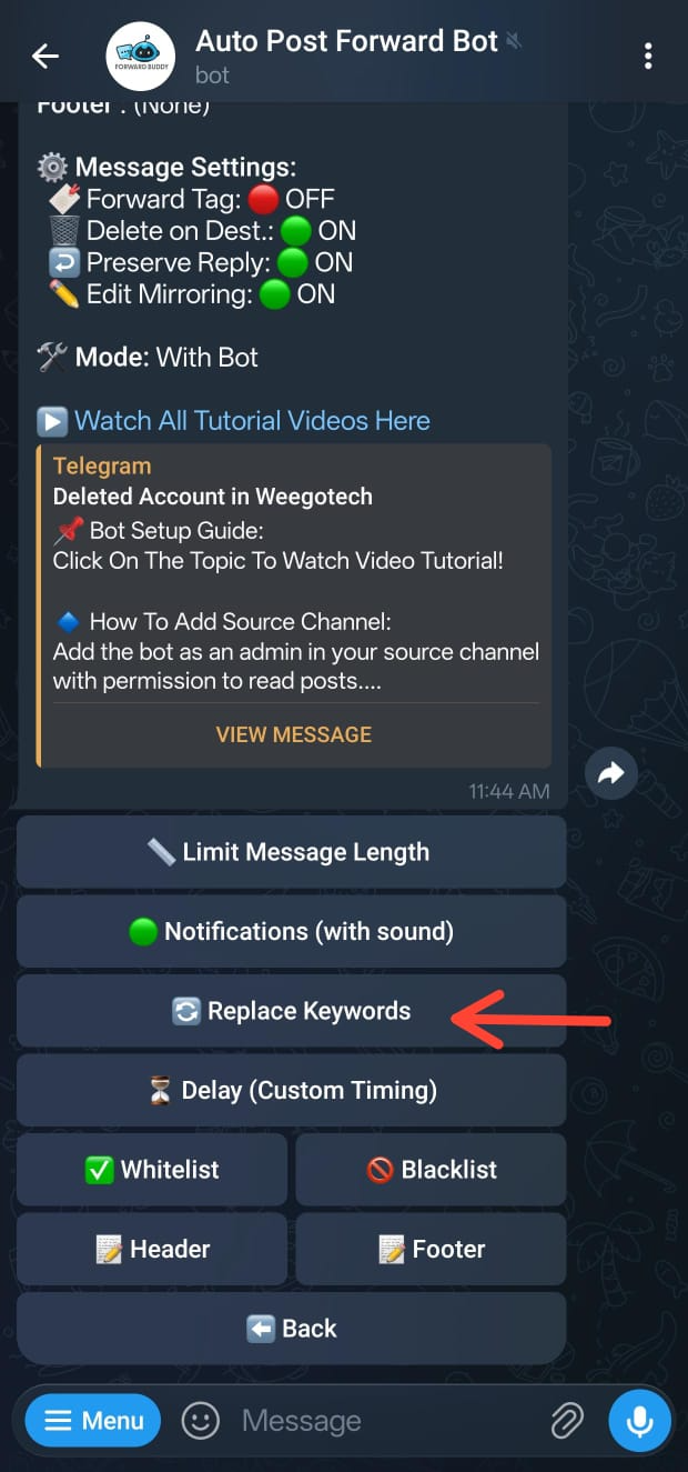 Keyword Replacement settings screenshot