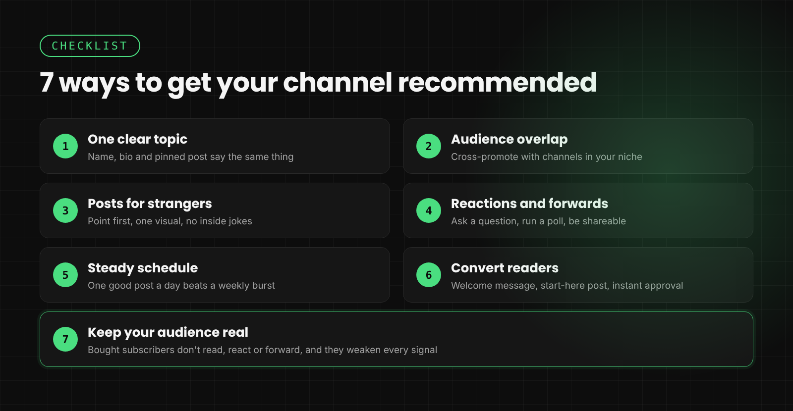 Checklist of 7 ways to get a Telegram channel recommended: clear topic, audience overlap, posts for strangers, engagement, steady schedule, convert readers, real audience