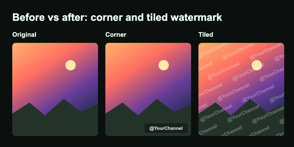 Telegram channel photo before and after watermark: original, corner watermark and tiled watermark